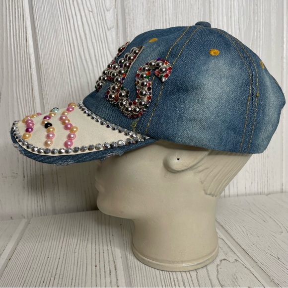 YMF Las Vegas Denim Cap Hat Bedazzled Pearls Distressed Adjustable - Picture 2 of 8